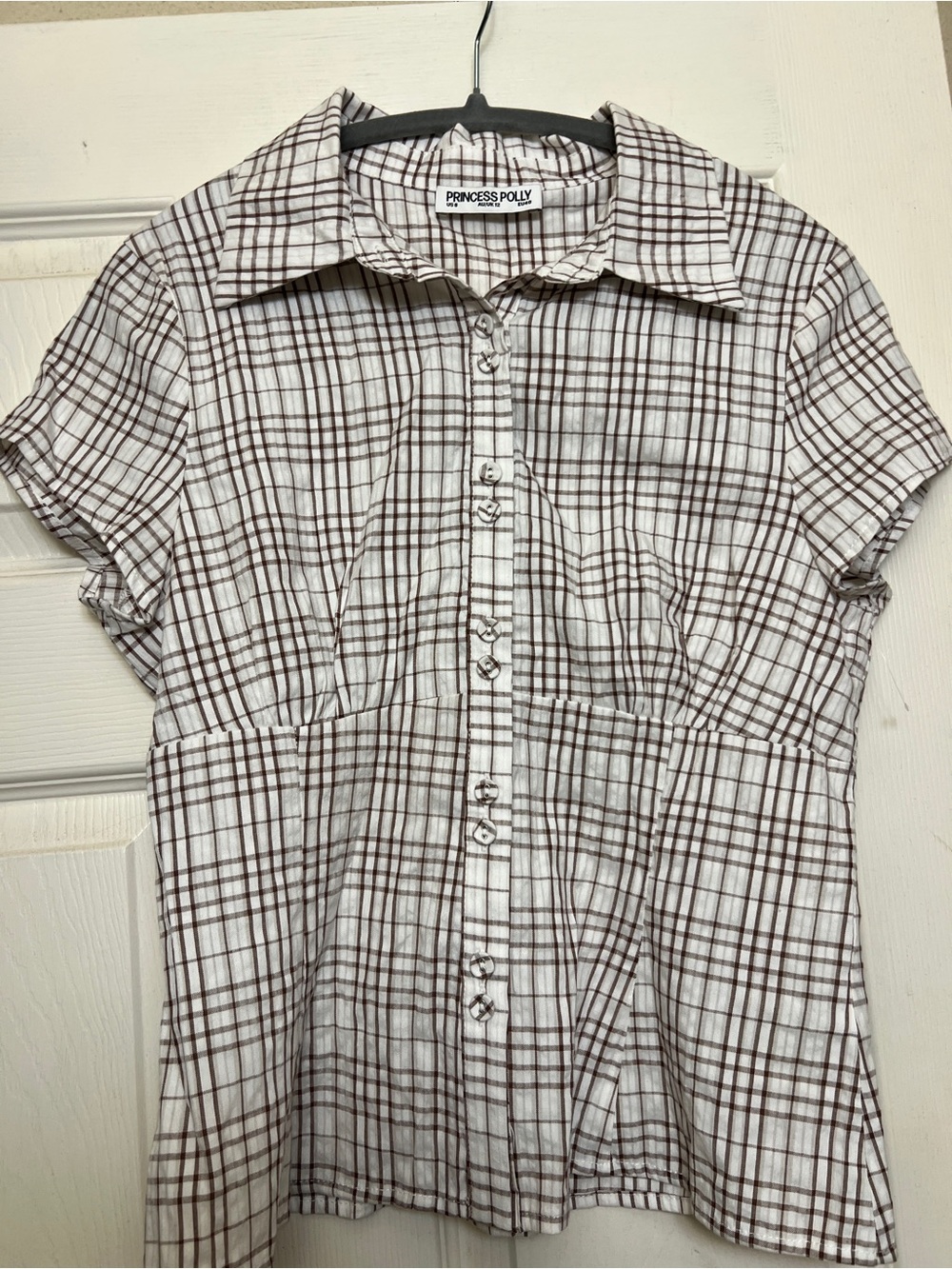 Princess Polly White and Brown Plaid Short Sleeve Button-Up Shirt